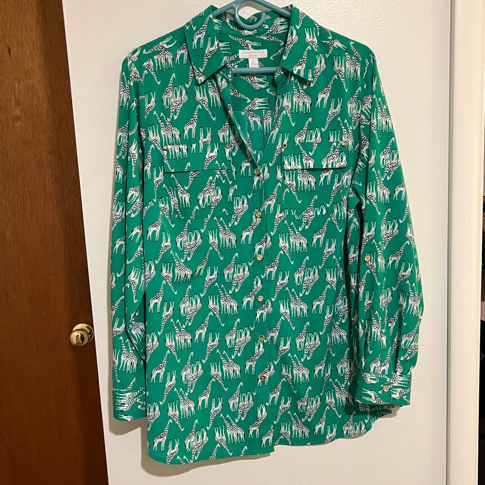 Charter Club green blouse with giraffe print, gold buttons